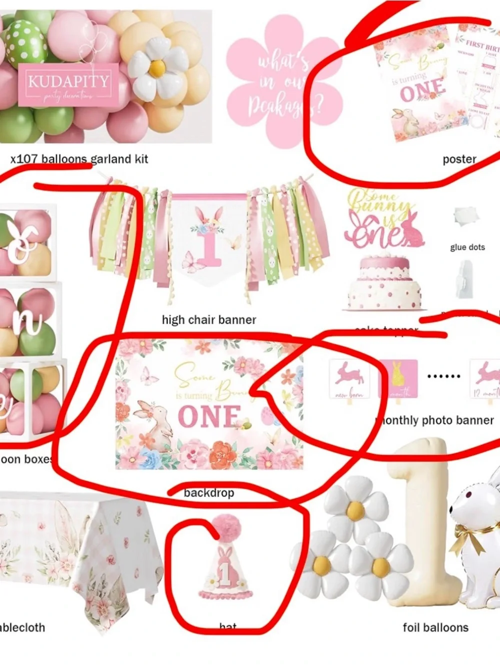 First Birthday Party Decorations Kit - Pink Floral Bunny Theme
